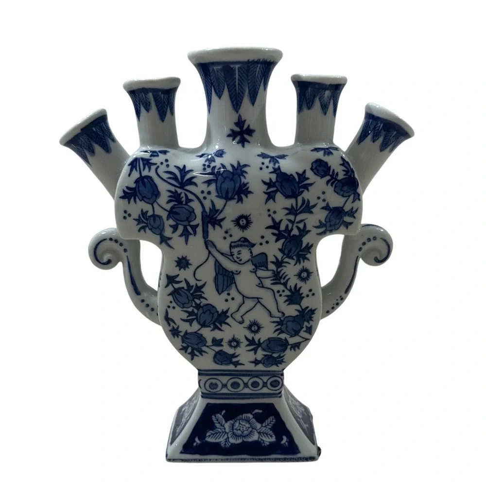Blue White Ceramic Tulipiere Vase Cherub Floral 5 Spout Chinoiserie 9.5in